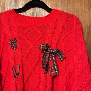 Women’s Red Cable Knit Plus Size Sweater with Plaid Accents - Size 4X